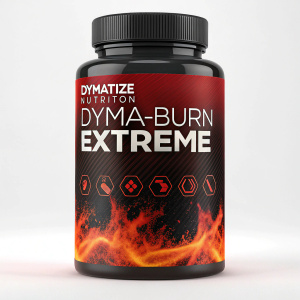 Dymatize Nutrition Dyma-Burn Extreme, a sleek dark container glowing with fiery tones. Bold script declaring its name and function. Inside, 120 capsules showcased for their thermogenic benefits and natural fat-burning capabilities.