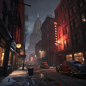 3D game scene from Batman: Arkham Origins, featuring Gotham City at night. Dark alleys with neon signs, vintage cars parked along the streets, and dramatic red and brown tones with deep shadows.