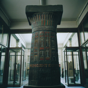 Astonishing stone pillar from ancient Egypt. Vibrant hieroglyphics and carvings. Displayed in a museum showcase.