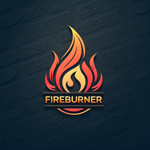 The Fireburner logo features an energetic, abstract flame design in bold orange, red, and yellow hues. Below, the text 'Fireburner' is displayed in a sleek, modern font.