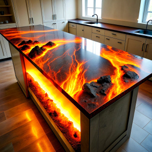 close three dimensional gorgeous ultra realistic  kitchen island looks like it's made of 
fireplace lava The Bioluminescent phenomenon