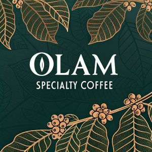 Modern logo design for Olam Specialty Coffee. The text 'Olam Specialty Coffee' in elegant script. Background features intricate leaf patterns. Earthy color palette, including shades of green and brown.