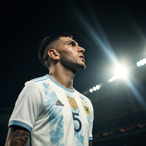 Leandro Paredes, soccer star, intense gaze. White jersey, number 5, Argentine design. Dark stadium, spotlight focused on him.