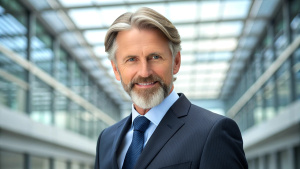 portrait of successful senior businessman consultant looking at camera and smiling inside modern office building