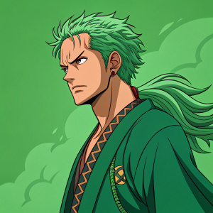 Digital illustration of Roronoa Zoro from One Piece. Determined expression, green hair. Vibrant green background. Flat style, bold outlines, limited color palette. Focused on Zoro's intensity and dynamic feel of the artwork.