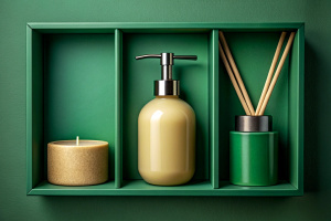 inside a dark green box: one beige candle,  beige aroma diffuser, glass soap dispenser.