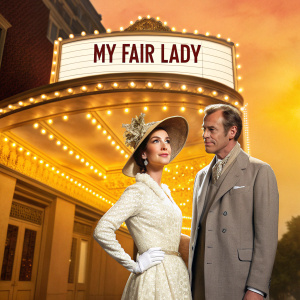 Lobby card for My Fair Lady. Audrey Hepburn and Rex Harrison in front of a vintage theatre marquee. The background is painted in warm, golden hues.