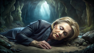 Dark fantasy. A giantess lies in a cave. Arms and legs are visible. Entirely. With eyes closed. She is sleeping. Hillary Clinton. One hundred meters tall. Full-length.
