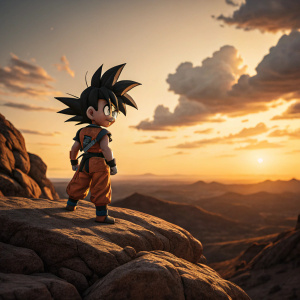 Goku from Dragon Ball, with iconic spiky hair, standing on a rocky terrain. Sunset in the background.