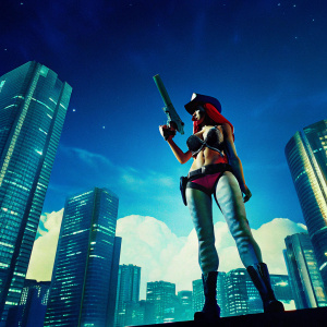 Miss Fortune from League of Legends, wielding her gun in a dynamic pose. Futuristic cityscape background, bright neon lights, 3D rendering