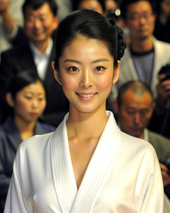 1girl, 20-year-old Korean actress Clara Lee Sung-min, with bun hair style, wearing a full white bathrobe, gallery show: 1.2, collarbone, looking at the audience, ((turbulent)), ((perfect body proportions)), ( Panorama: 1.3), beautiful and mature, wide-angle lens, grin, deep shadows, Emily Soto, <lora:DetailedEyes_xl_V2:1>, <lora:neg4all_bdsqlsz_xl_V7:1>, (super delicate oval face)), ((beautiful eyes with long eyelashes ,((real image quality)),((Leica RAW photo)),64k,((fidelity:1.2)), ((real fair