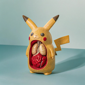 A hyper-realistic digital artwork showcasing the internal anatomy of a Pikachu. The illustration contrasts Pikachu's iconic yellow exterior with detailed, medically accurate depictions of its organs. The color scheme primarily features warm golden hues and earth tones, creating a striking visual effect.