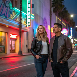 Daniella Deutscher and Jay Hernandez on the vibrant streets of Hollywood. Neon lights and graffiti in the background.