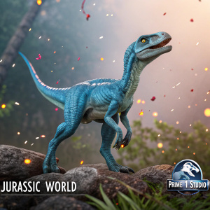 A detailed 3D render of a baby blue velociraptor from Jurassic World, set against a backdrop filled with colorful particles. The scene highlights the creature's skin texture and the Jurassic World logo prominently. Prime 1 Studio branding is subtly included. Focus on the dynamic environment and the raptor's anatomy.