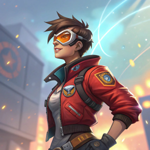 Overwatch character Tracer, wearing a red bomber jacket, posing confidently. Vibrant, digital art background