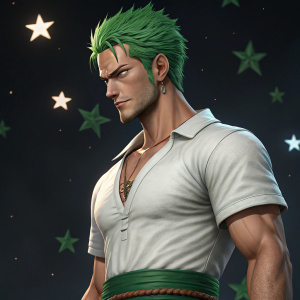 3D render of Roronoa Zoro. Muscular, with green hair, intense gaze. Wearing white shirt and green belt. Dark background with floating stars
