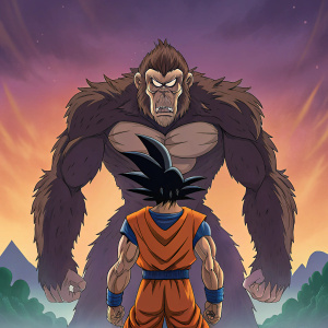 Muscular, monkey-like creature in fierce pose, standing over determined Goku. Colored backdrop of mixed hues.