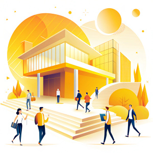 imagen para web de orientación educativa, con siluetas de personajes de estudiantes con ropa informal, entrando a edificio de universidad moderno, semitonos claros, diseño creativo con líneas, moderno, minimalista, sofisticado, sin fondo