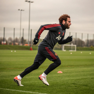 Juan Mata, soccer player, sprinting during a training session. Manchester United kit. Green field with shadows