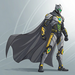 Digital illustration of a cybernetic hero. Combining human and machine elements. Long cape flowing. Futuristic high-tech costume with gray, black, yellow, and green highlights. Dynamic and powerful posture. Set against a sleek, modern, gray backdrop.