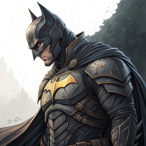 Illustration of Batman from Glorious Pictures BATMAN KNIGHTFALL series. Detailed character design, focused on intricate costume details.