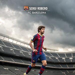 Promotional poster featuring Sergi Roberto, soccer player for FC Barcelona. Empty stadium under gray clouds, sleek design, text and imagery