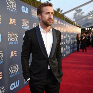 Ryan Gosling, in a sharp black tuxedo, stands confidently on the Critics' Choice Awards red carpet. The backdrop is filled with sponsor logos and event banners.