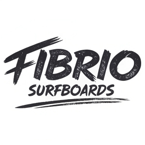 Dynamic logo design for Fibrio Surfboards. Bold, black font with rough, textured brushstrokes. Centered layout.