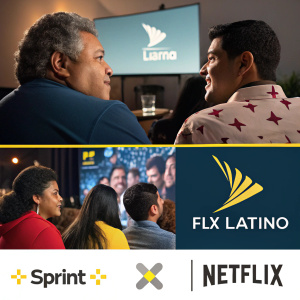 Composite image showcasing collaboration between Sprint and Flix Latino. Multiple faces from diverse backgrounds engaged in movie-watching experiences.