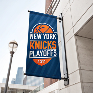 2011 New York Knicks Playoff promotional banner. Sleek design featuring team logo and bold text. Predominantly blue and orange color scheme.