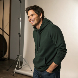 James Marsden, smiling at camera, casual wear. Dark green hoodie, standing in studio with minimal backdrop