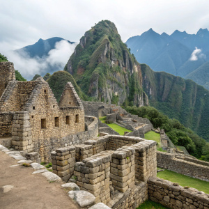 Ancient ruins of Machu Picchu. Stone architecture with carved columns and walls. Intricately detailed stone structures. Weathered stone walls. Lush greenery and misty mountain backdrop. Architecture in various stages of decay.