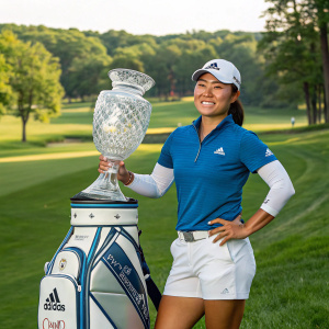 Danielle Kang, an Asian golfer, posing with a prestigious crystal trophy and a branded golf bag. She's in a blue Adidas golf shirt and white shorts. The backdrop features a serene green landscape.