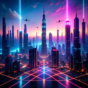 A neon-lit cyberpunk cityscape, where sentient AI constructs and autonomous drones navigate the labyrinthine streets amid holographic billboards and flickering signs.



