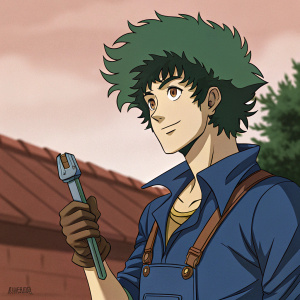 Digital illustration: Spike Spiegel from Cowboy Bebop. Spiky green hair, blue shirt, friendly face holding tool. Outdoor setting with reddish-brown tones