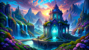 elegant heaven background, a glass palace, mountains, rivers