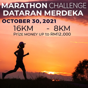 Promotional image for the Marathon Challenge at Dataran Merdeka. On-screen text highlights event date October 30, 2021, with distances of 16KM and 8KM. Prize money up to RM12,000. Runner silhouette against vibrant sunset backdrop.
