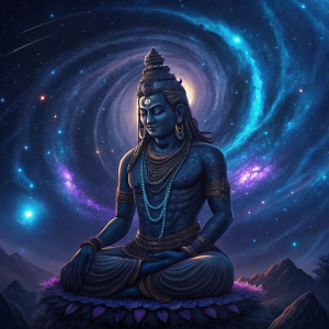 Depiction of Shiva, Hindu god, amidst cosmic chaos. Background is swirling galaxies, deep blue and purple hues. Vibrant colors, detailed