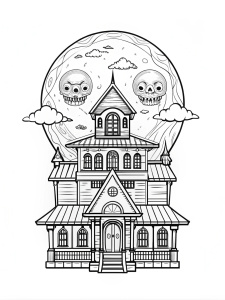 A spooky haunted house at midnight, illuminated by a full moon.
