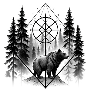 vegvisir runes geometric symbol - bear and trees - tattoo design - perfect realistic art - high-definition - grey and black - white background 