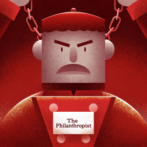 Cartoon character with a grim expression, bearing marks of intense conflict. Name tag reads 'The Philanthropist'