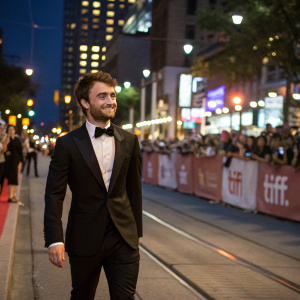 Daniel Radcliffe at the TIFF festival. Formal wear, smile, walking on a busy street