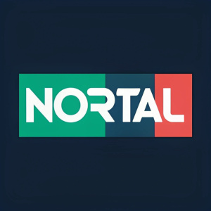 A sleek digital logo for the tech firm 'Nortal'. The design features bold, divided color blocks with the company name in modern font.