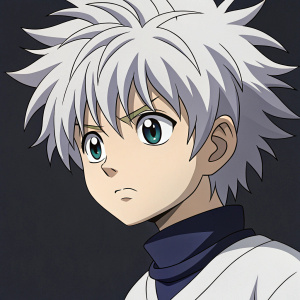 Killua Zoldyck, from Hunter x Hunter, looking intense. Gray hair, worried face. Simple, dark background.