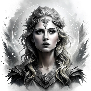 Saga, The Seer - Nordic Goddess of Sagas & Myths perfect realistic art, high-definition grey and black, white background tattoo design