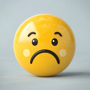 Simpatico emoji con expresión triste y graciosa. Cara redonda y amarilla con una boca curvada que parece una mezcla de tristeza y humor. Fondo gris claro, estilo moderno y sencillo.