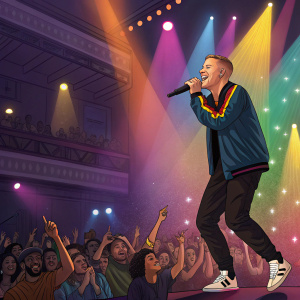 Macklemore rocks the stage at The Fillmore Detroit. Vibrant stage lights illuminate his energetic performance. The crowd, a diverse mix of ages and ethnicities, is captivated. Fans, hands raised, are smiling and singing along. The atmosphere is electric.