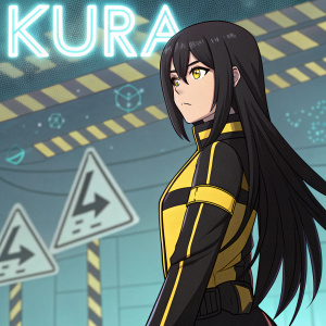 Kura, the futuristic anime character, with long black hair and a focused expression, wears a striking black and yellow outfit. Standing amidst a digital landscape with caution signs and her name prominently displayed.