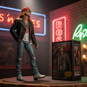 Guns N' Roses figurine, Axl Rose striking pose, standing near original packaging for display comparison. Neon-lit backdrop