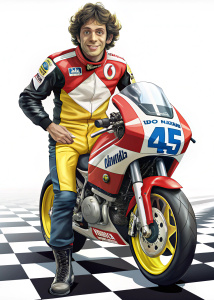 BEAUTIFUL illustration OF Valentino Rossi, half-length, with the flag of ITALY behind, IN FRONT A DUKATI MOTORCYCLE WITH THE NUMBER "89" IN FRONT OF THE MOTORCYCLE, THE MOTORCYCLE IS ON A FLOOR OF white checkers and black checkers, high-quality illustration Quality, 60's style acrylic vinyl.
